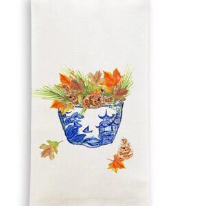 Kitchen Towel, Blue & White Bowl with Fall Leaves